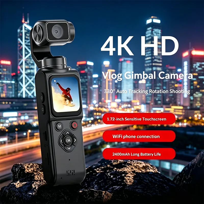 

4K Pocket Gimbal Camera Handheld Stabilizer 75MP Auto-Tracking 330° Rotation 1.7" Touchscreen Vlogging Camcorder