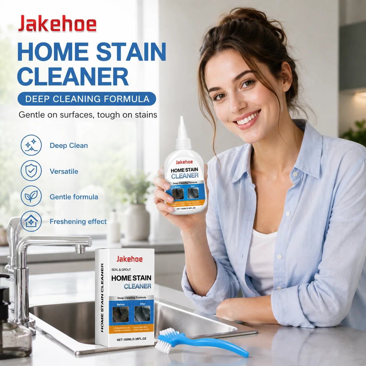 Jakehoe Home Stain Cleaner Deep Penetration Remove Stubborn Stains Mold Removal  Household Gel Cleaner With Cleaning Brush 100ml