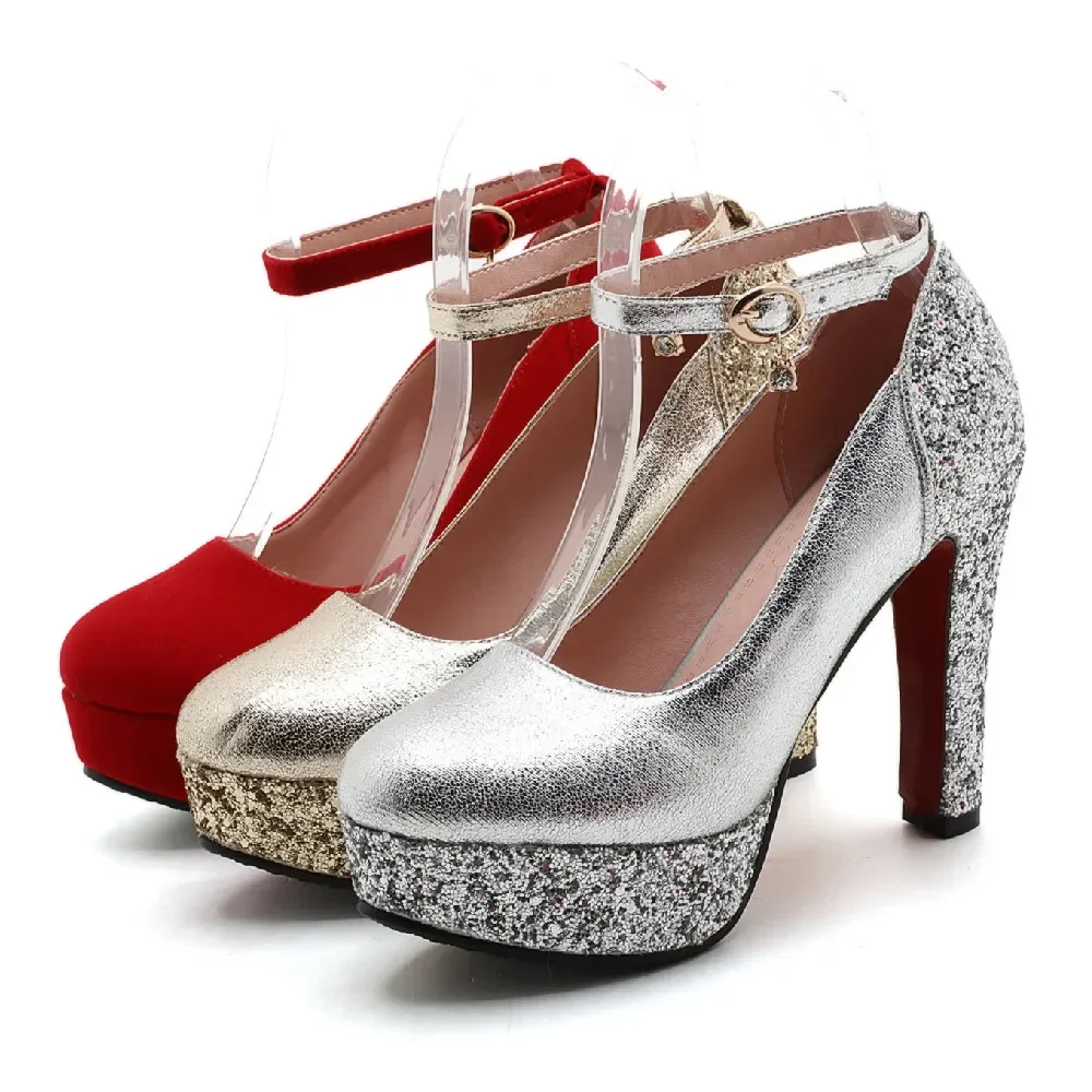 

Серебристые, золотые женские туфли-лодочки на платформе, высокие каблуки 12 см, тканевые туфли с блестками, круглый носок, свадебное платье, женские туфли на шпильке с ремешком на щиколотке