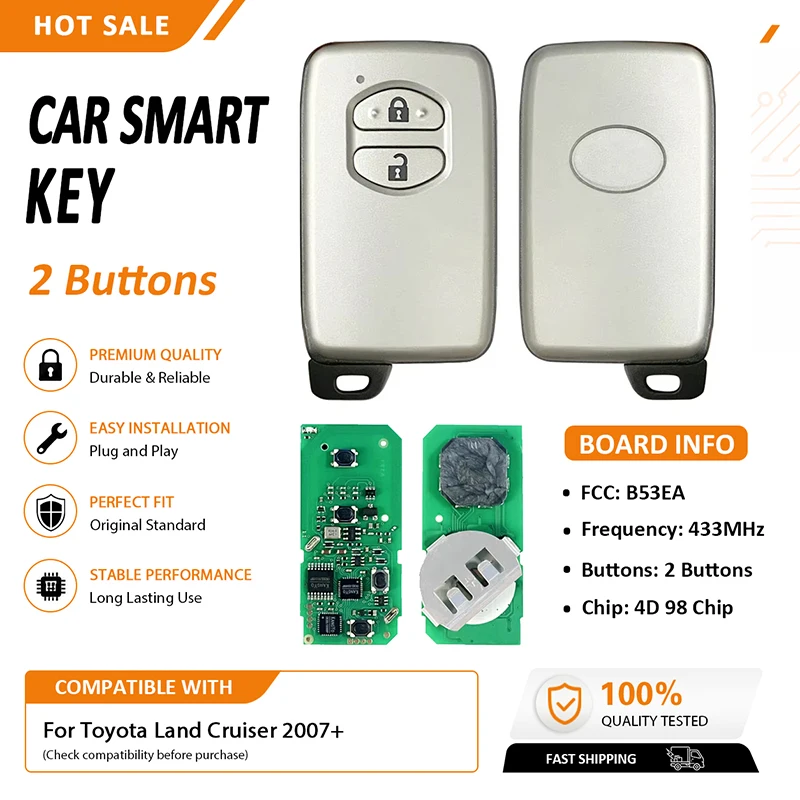 CN007175 Aftermarket 2 Button Smart Keyless Go 4D Chip 433Mhz FCC 89904-60210 For Toyota Land Cruiser 2007+