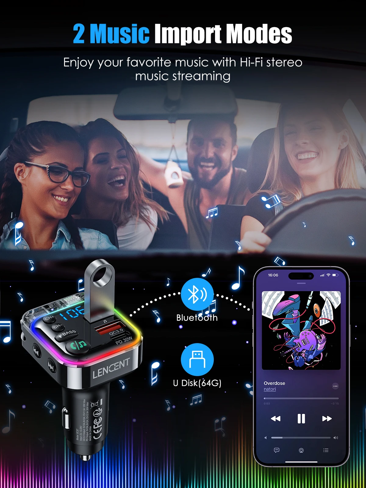 LENCENT Bluetooth 5.3 FM-передатчик с PD 30 Вт и быстрое зарядное устройство QC3.0 Автомобильный адаптер Bluetooth Hi-Fi Музыка/Прозрачный автомобильный комплект для вызова