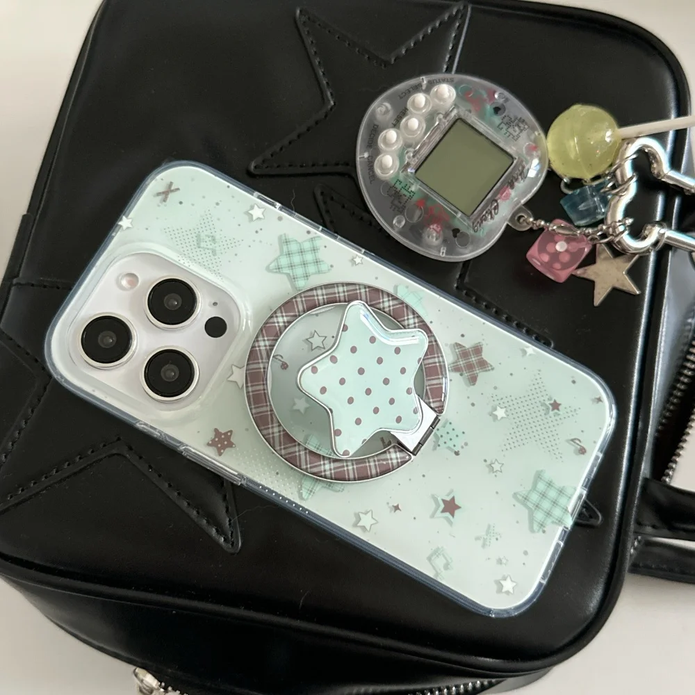 

[Qj] Маленькие свежие мятно-зеленые клетчатые звезды подходят для чехла для мобильного телефона Apple 16 pro max iphone13, новинка 15, женское вращение 14p.