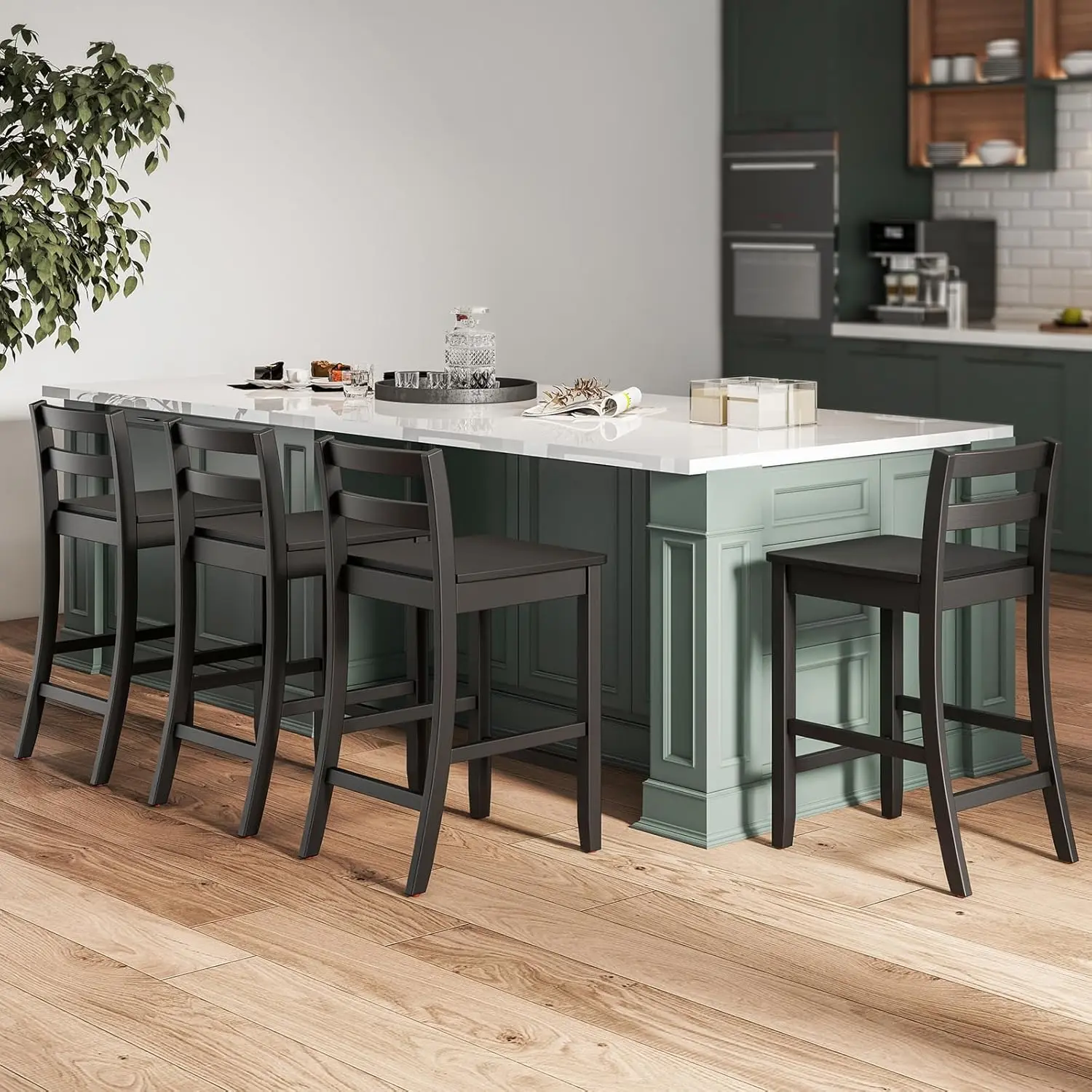 WoodenBarStoolsSetof 4,24-InchCounterHeightStoolswithErgonomic Backrest & FootrestFarmhouseHigh Dining Chairs for Kitchen Island