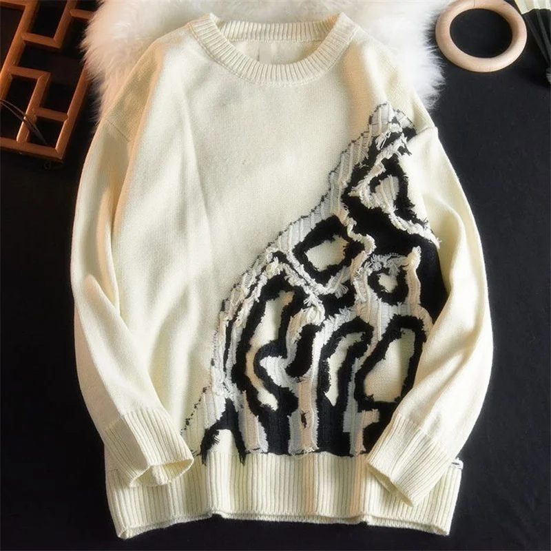 

Y2K American Loose Vintage White Sweaters Spliced Autumn Winter Stylish Frayed Hole Knitwear Men Sweater O-Neck Knitted Pullover