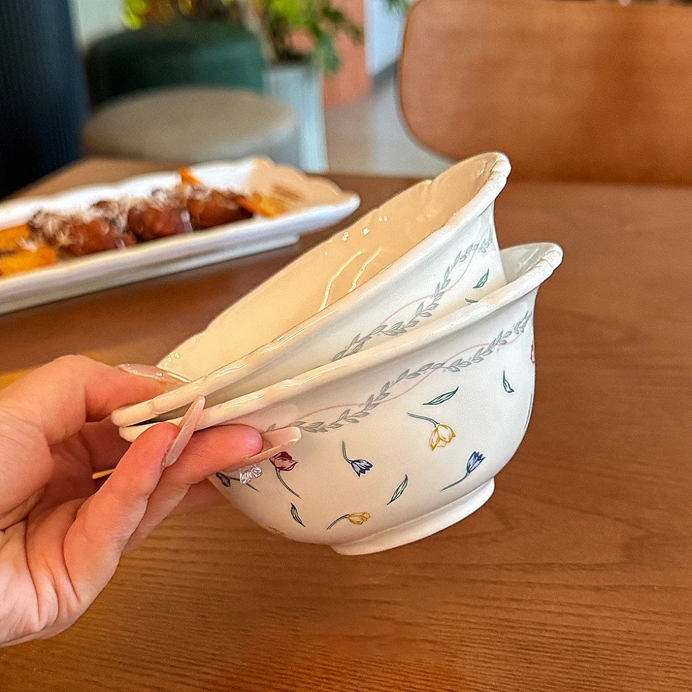 

Vintage Floral Ceramic Rice Bowl Rustic Style Home Tableware Flower Relief Lace Breakfast Bowls Fruit Salad Food Container
