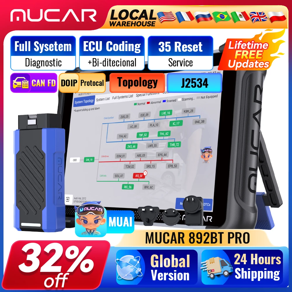 Outil de diagnostic OBD2 MUCAR 892BT Pro AI avec cartographie topologique, 35 services, codage ECU, scanner de voiture bidirectionnel, mise à jour gratuite à vie