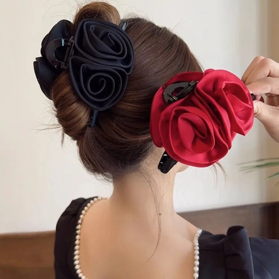 Rose Satin Grip Large Shark Clip hair claw Elegant High-Grade Hair Accessories Pinzas Para El Cabello  Заколка Для Волос 머리핀