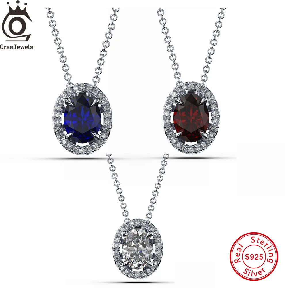 

ORSA JEWELS New Fashion 925 Sterling Silver Jewelry Cubic Zircon Pendants Necklaces Women Fine Color Gemstone Chain Choker EQN48