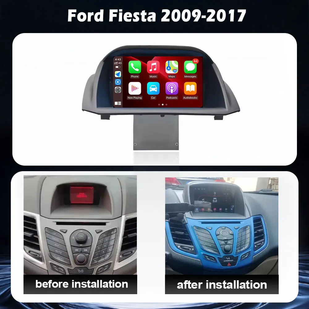 Android 16 QLED Car Radio Multimedia Video Player Navigation GPS Wireless CarPlay for Ford Fiesta 2009-2017
