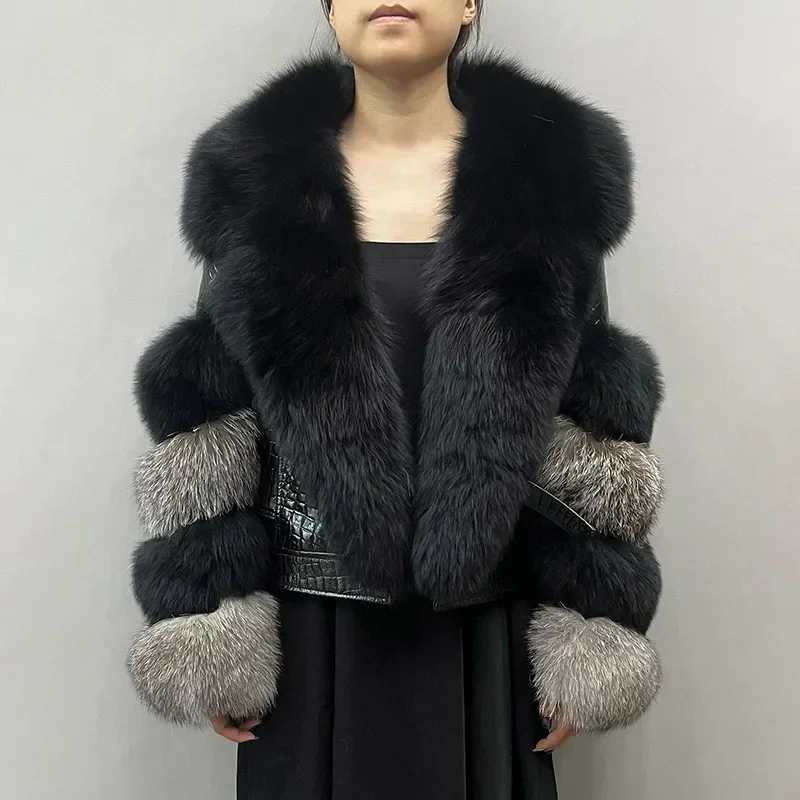 New Real Fur Cropped leather Jacket Fashionable Women's Big Fur Collar Long Sleeve Fur Jacket Wholesale