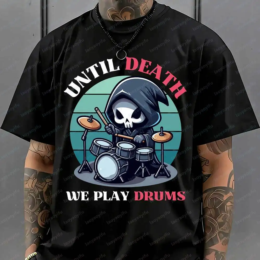 Funny Until Death We Play Drums Grim Reaper T-Shirt Retro Sunset Drummer Print Cotton Casual Tee for Men Music Lover Graphic Top