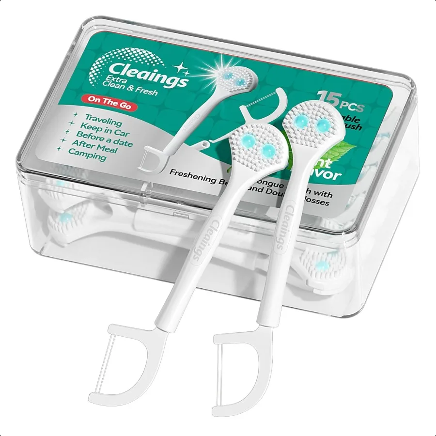 

cleaings® 15Pcs Mini Disposable Tongue Brushes with Cleaning Paste Beads and Floss Picks Tongue Cleaners Reduce Bad Breath Tong