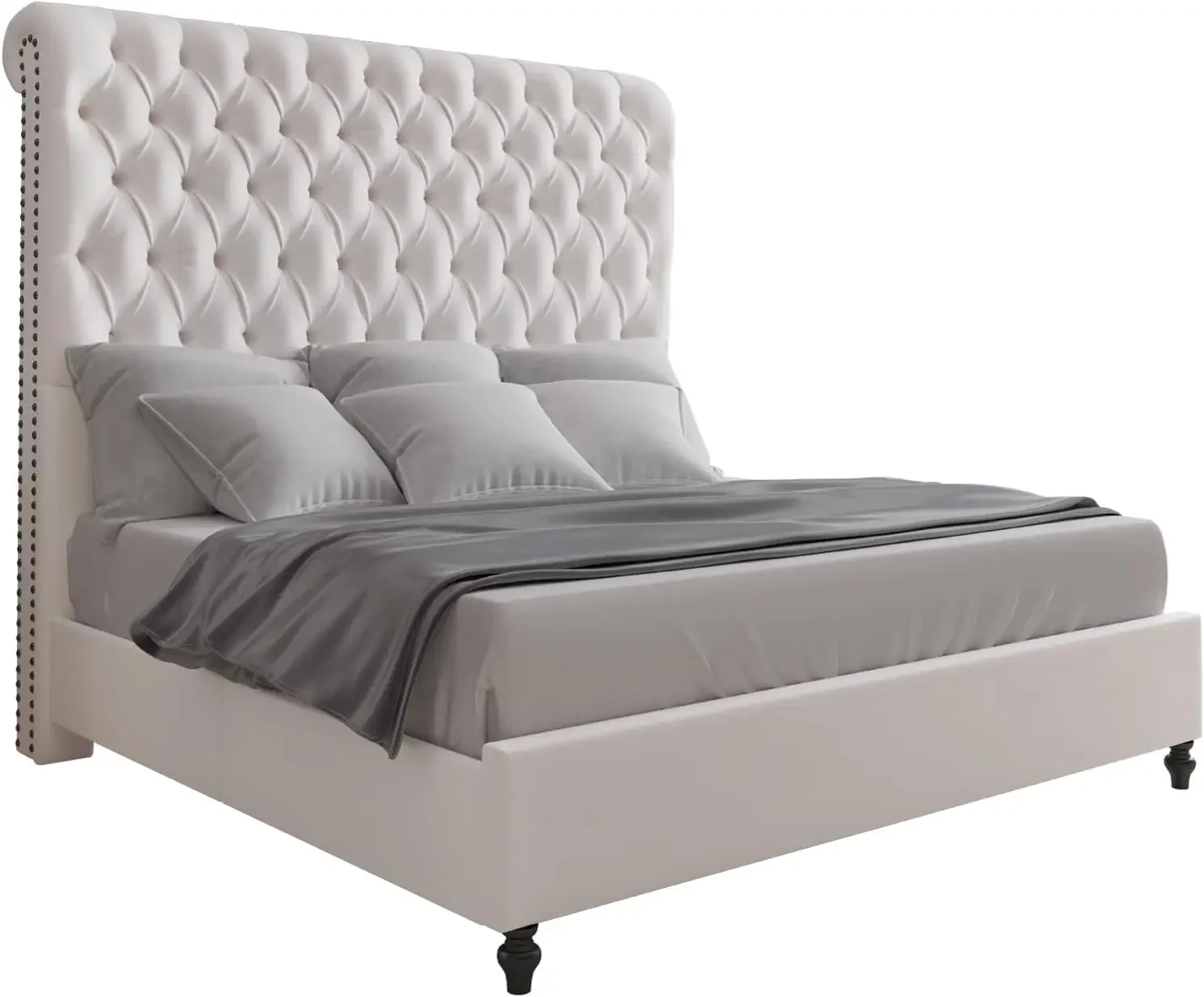 Bed Frame with Sleigh Headboard 60" Tall Velvet Upholstered Platform Bed, No Box Spring Needed