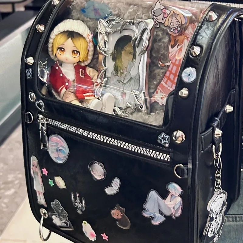 Transparent Pocket Japanese Lolita Pain Bag Girls Rivet JK Uniform Doll Ita Bag Student PU Y2k Black Backpack Women's Kawaii Bag