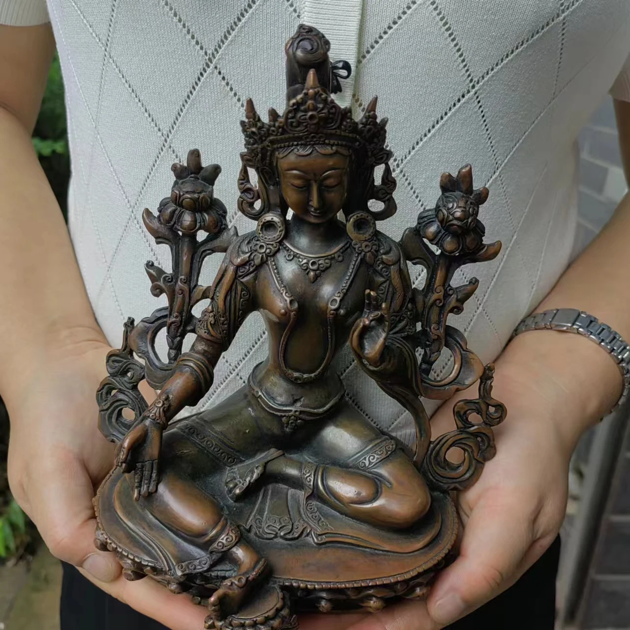 Copper Green Tara Bodhisattva Statue Goddess of Compassion and Healing Meditating Sculpture Eastern Enlightenment Buddhism gift