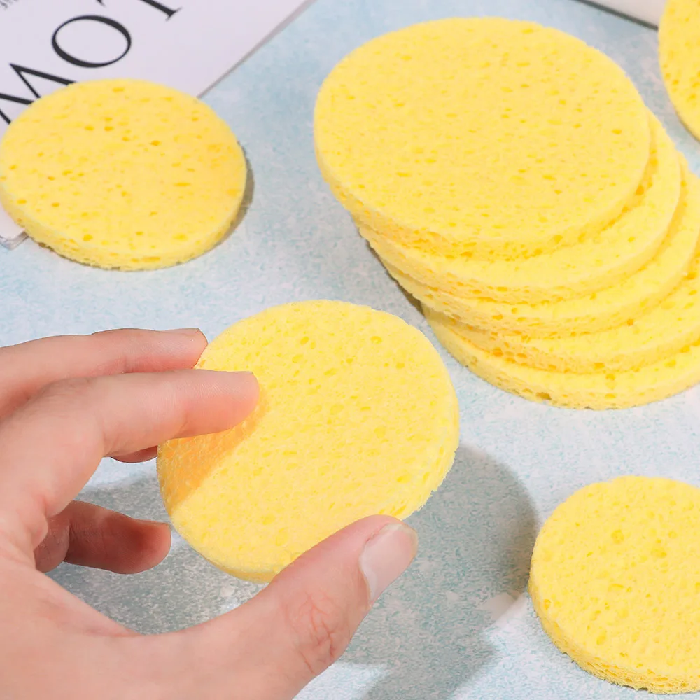 10pcs 6-9cm Yellow Face Round Makeup Remover Tool Wood Sponge Cellulose Cosmetic Puff Cleansing Sponge Facial Washing Sponge