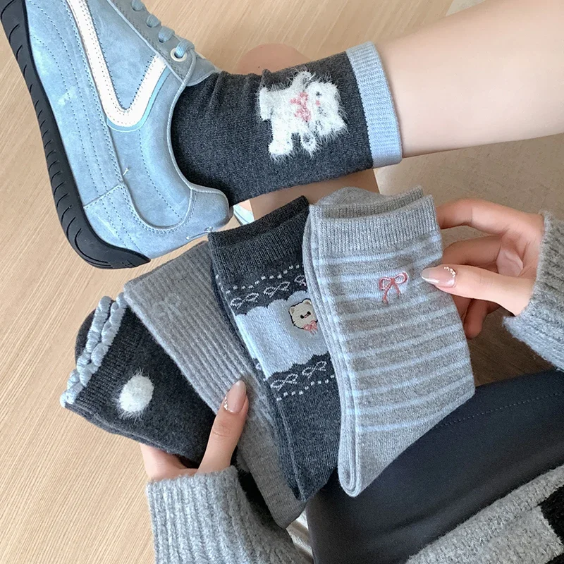 New Women's Socks Cute Autumn Winter Trendy Cartoon Socks Funny Striped Embroidery Casual Warm Long Socks Thick Breathable Soft