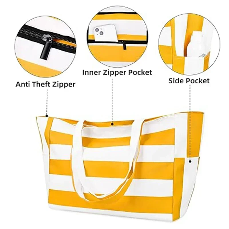 GCYF001 Large Beach Bag for Women, Waterproof Nylon Beach Tote Bag with Zipper & Pockets,Sandproof Beach Swim Bag for Travel