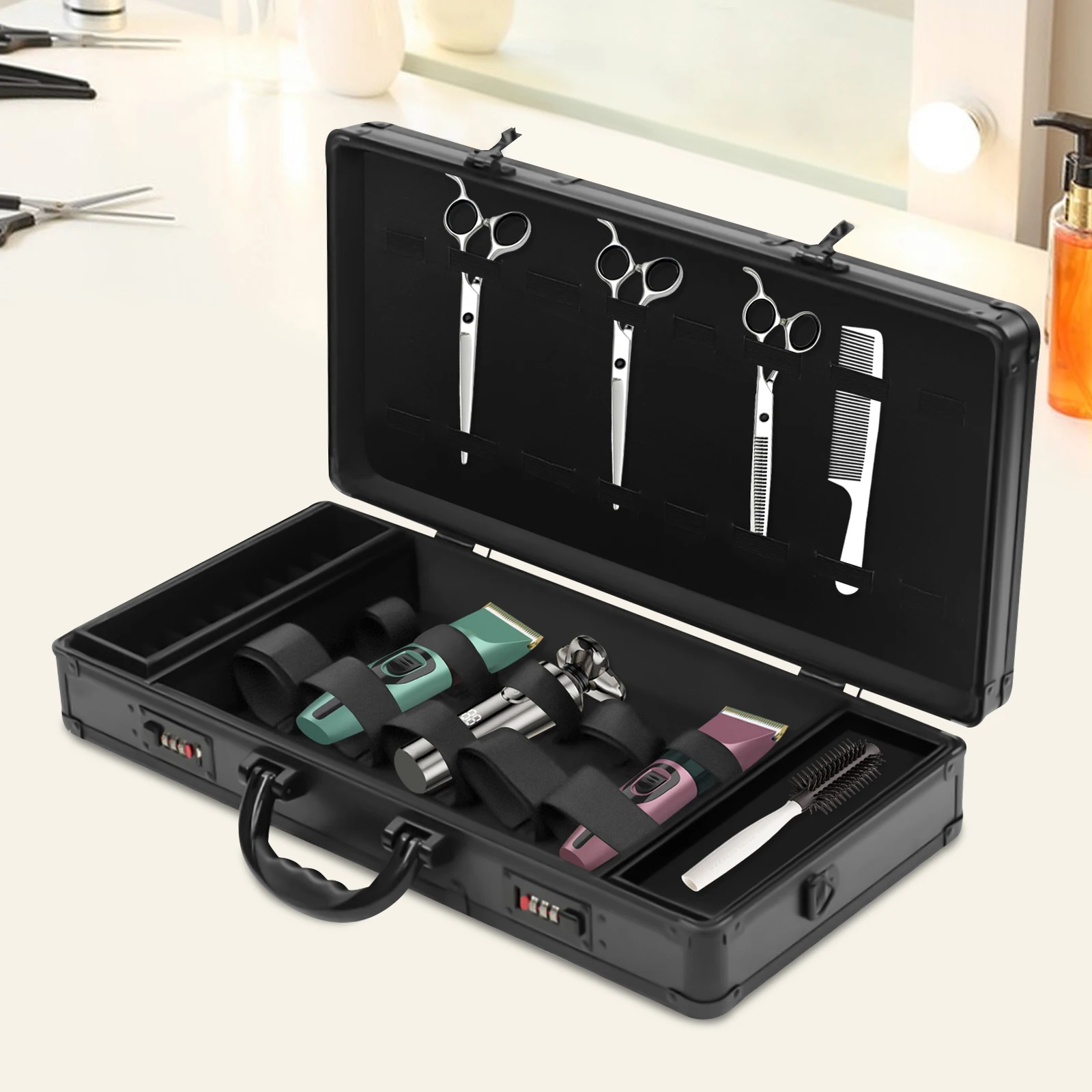 

Professional Barber Salon Stylist Travel Carry Organizer Box Code Lock Shears Trimmer Scissor Tool Case