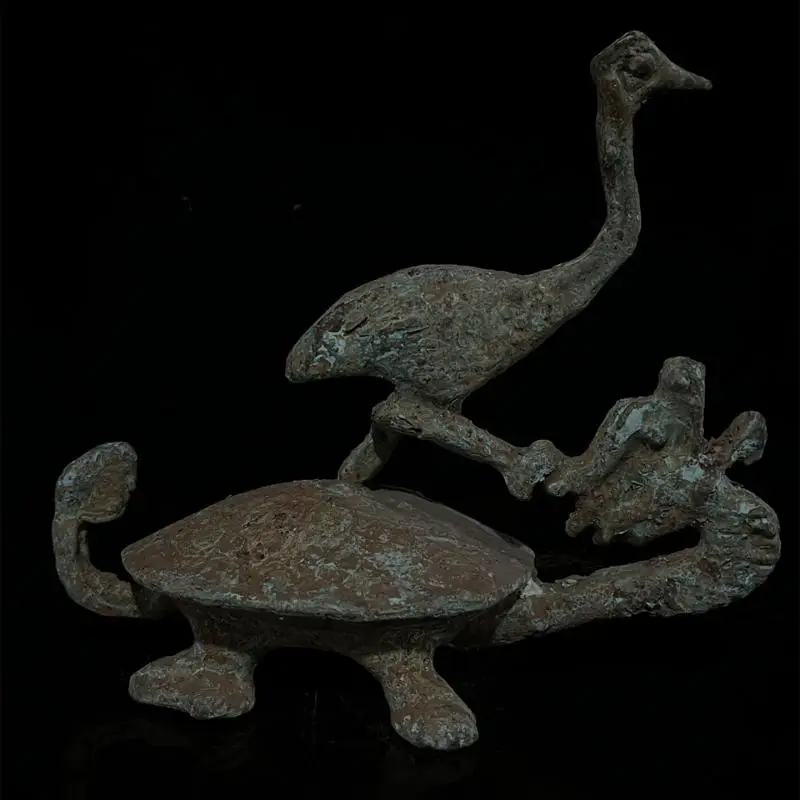 Chinese Bronze Carve Vivid Turtle Carry Crane Longevity Statue