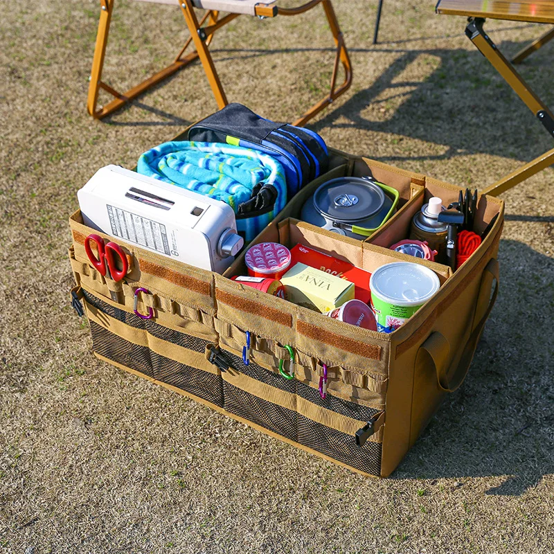 

Khaki Foldable Oxford Cloth Car Organizer - Multifunctional Trunk/Seat Storage Box for Camping, Picnic & Road Trip