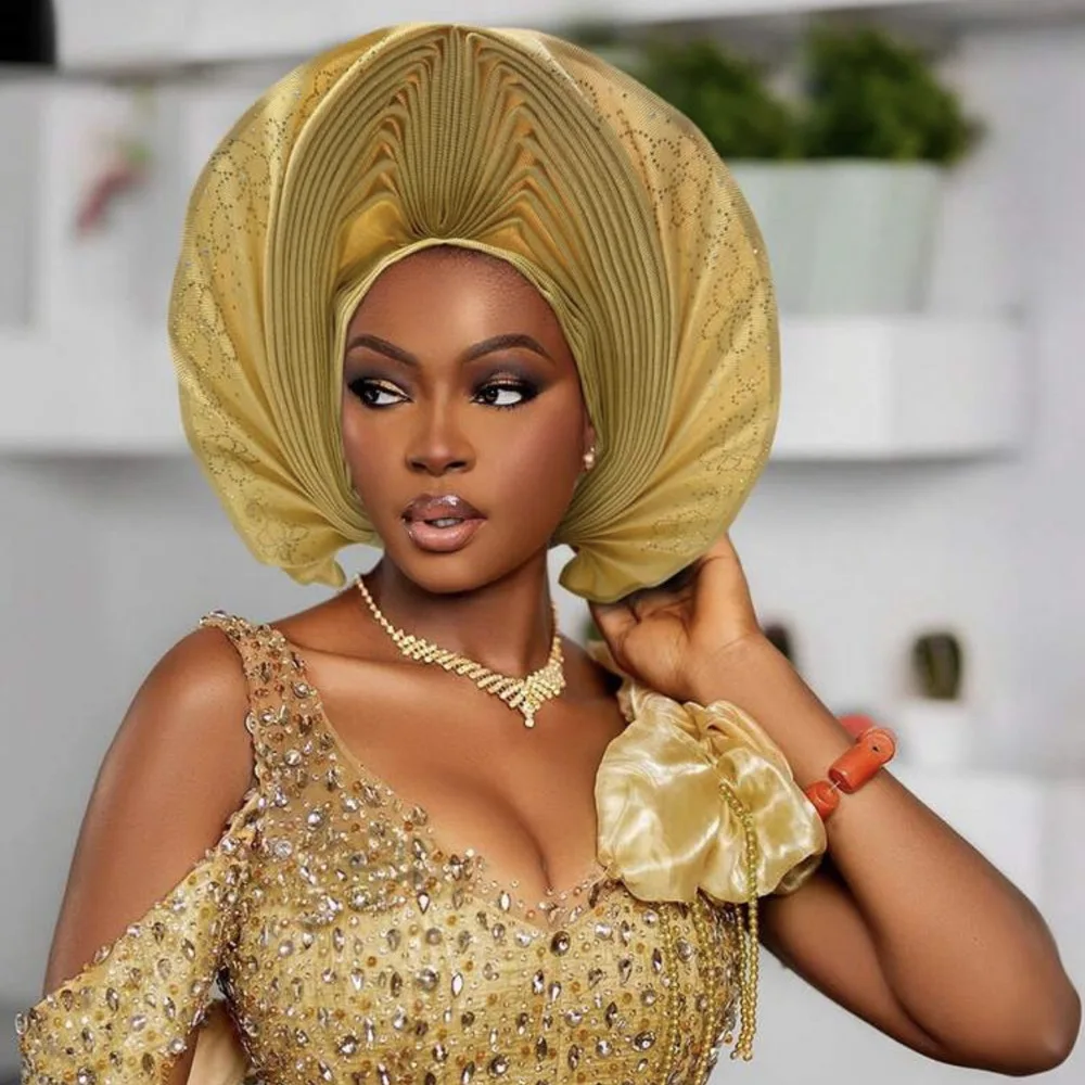 

Nigeria Wedding Geles Headgear Already Made Auto Gels Headties Turban Aso Oke Women Diamond Head Wrap Bonnet Turban Cap Headgear