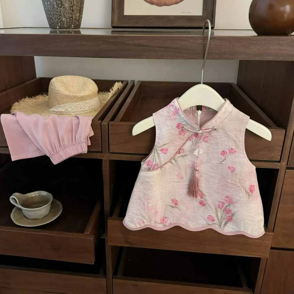 Baby Girl's Clothing  Sets Children New Chinese Style Pink Jacquard Cheongsam Vest+ Straight Leg Pants Grils Elegant Set
