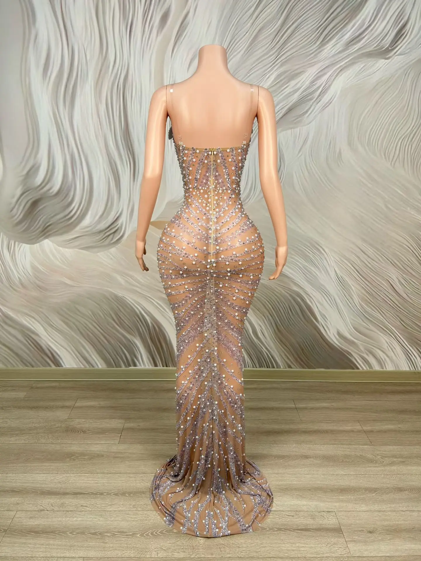 Bingchuan Women Spaghetti Strap Rhinestone Pearl Mermaid Gown 3D Floral Decor Sheer Mesh Evening Club Prom Dress