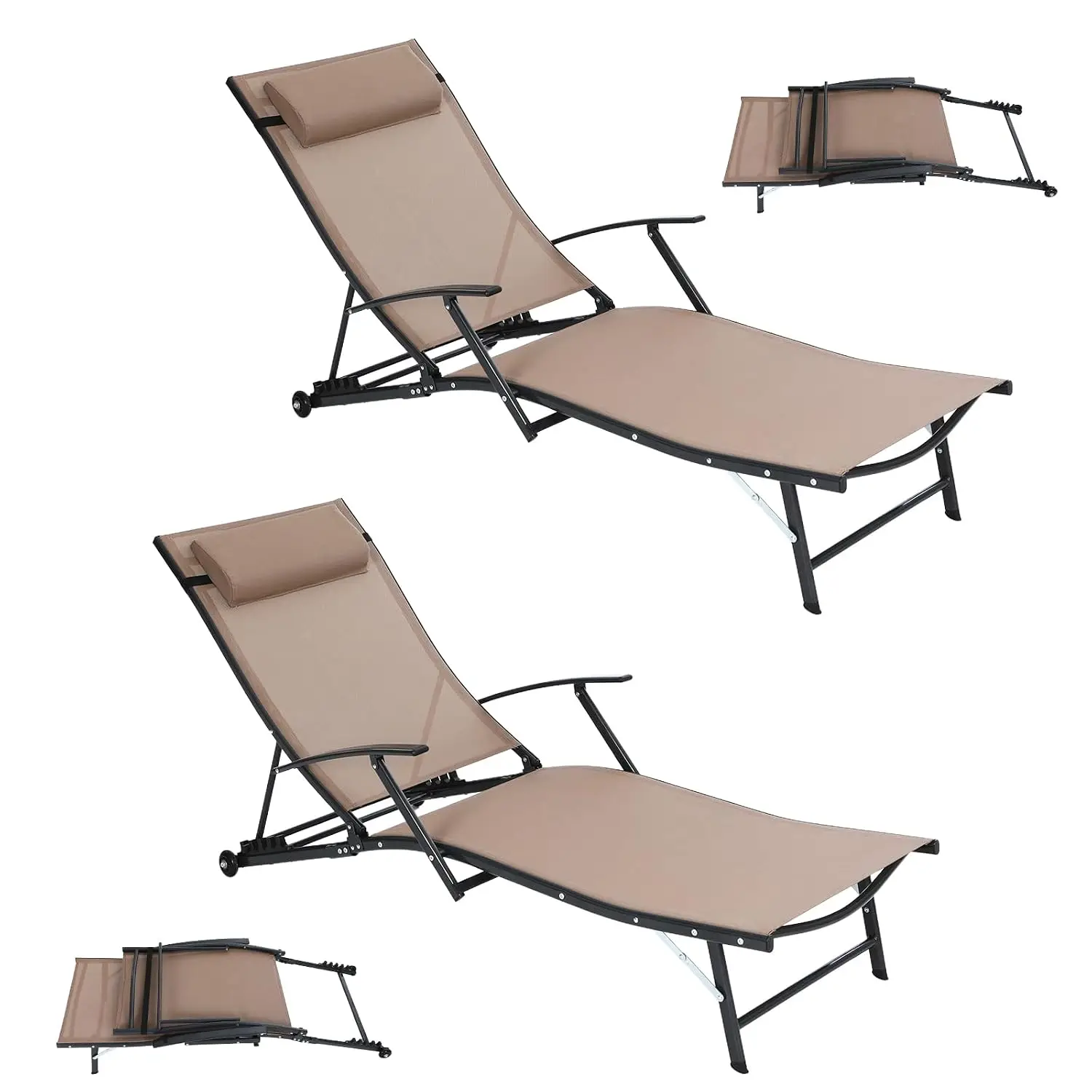 Outdoor Chaise Lounge with Wheels, 5-Position Adjustable Recliner for Patio Pool, 2 Pack, Customized