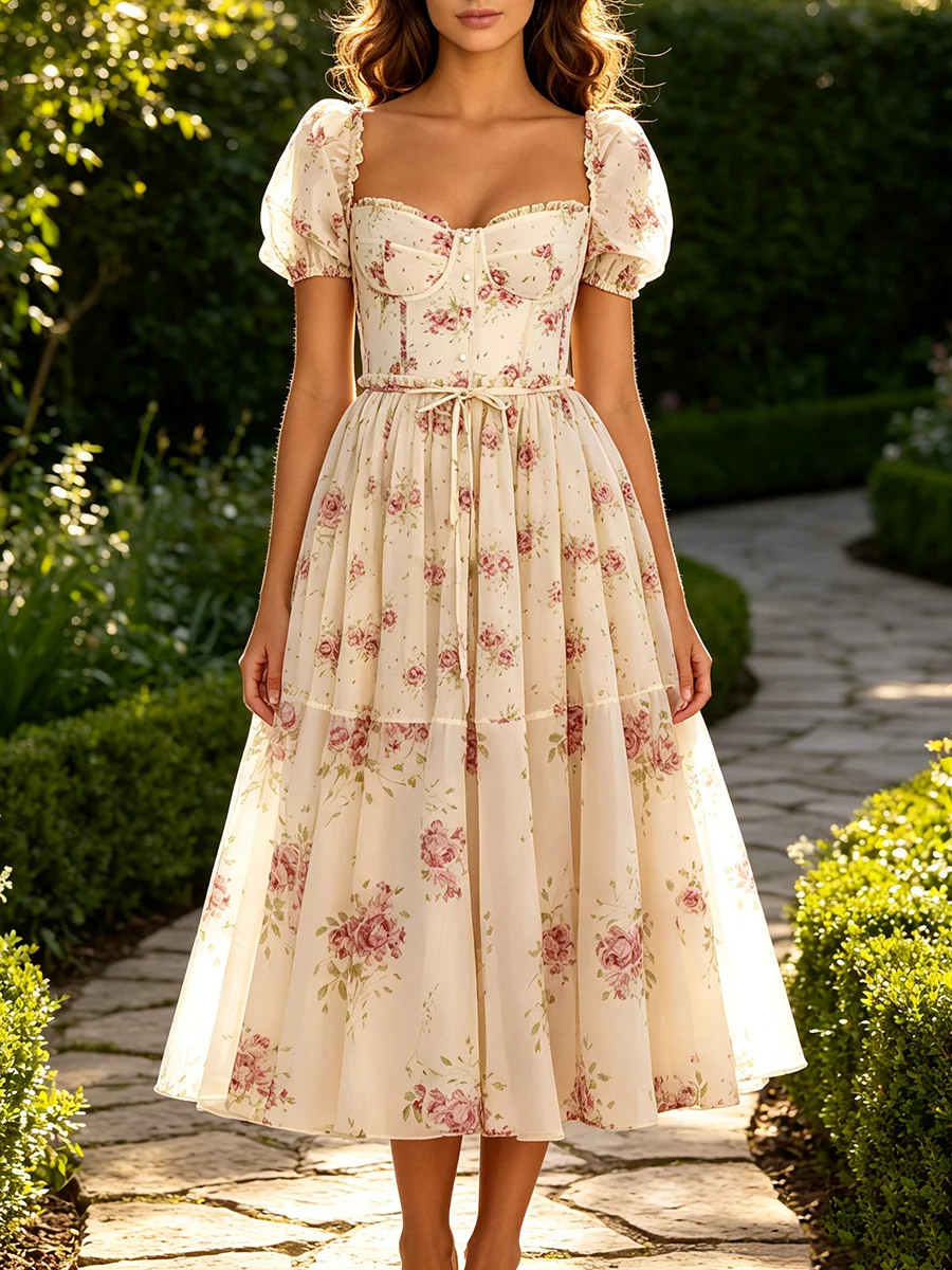 Nouvelle Robe Midi Chic Française à Imprimé Floral pour Femme, Manches Bouffantes Crème, Col Carré, Superposée, Dos Nu, Sexy, pour les Vacances