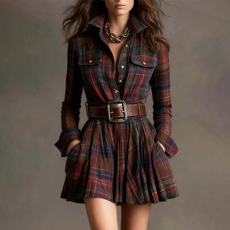 

Autumn Women's Plaid Shirt Belt Dresses A-Line Slim Retro Pleated Dress Western Cowboy Style Party Dress Streetwear with Pockets