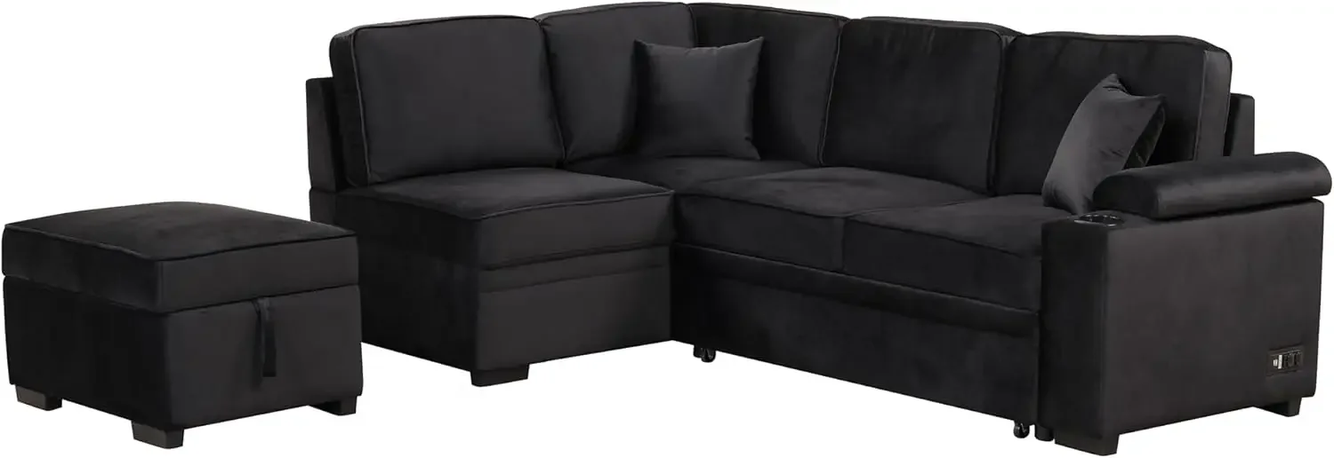 Sleeper Sectioanl Sofa Bed 2 in 1 Pull Out Couch L Shape Living Room Furniture Set with Storage Ottoman,Cupholder,Dual USB