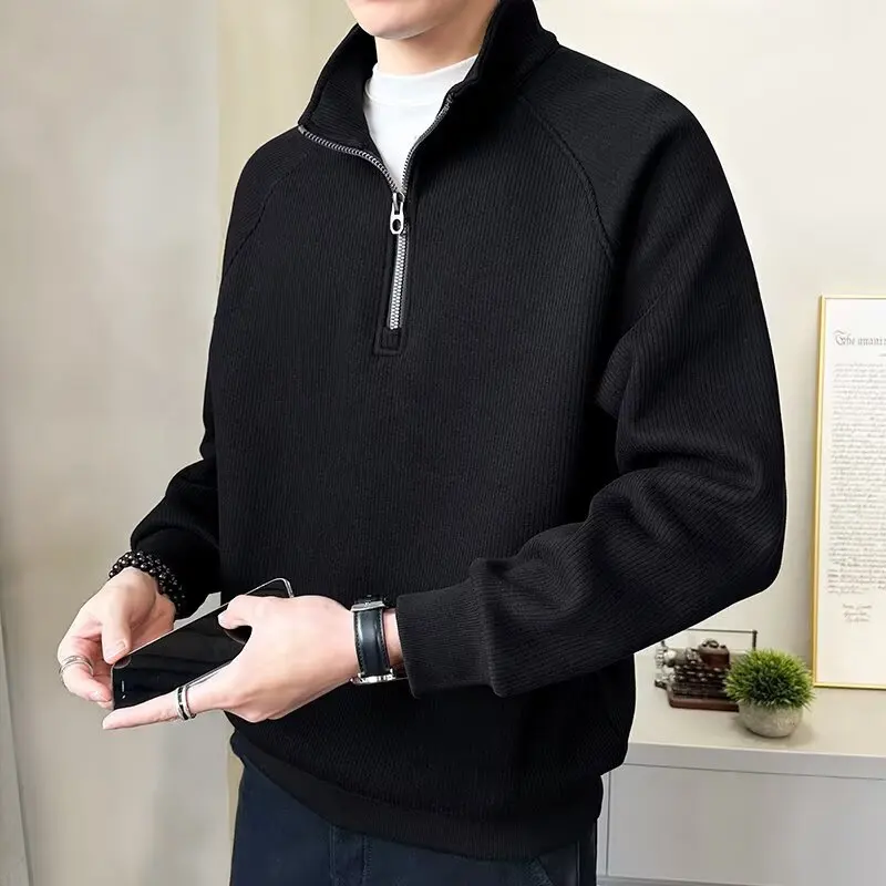 

Утепленный мужской свитер на молнии до середины груди, трикотажный пуловер с воротником-стойкой, осенний повседневный свободный базовый свитер, модный свитер-поло