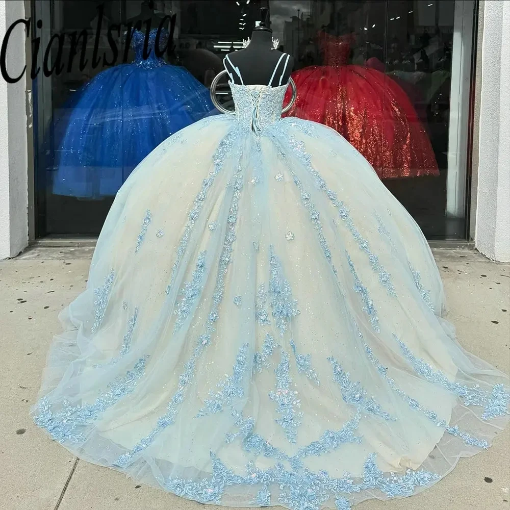 Abiti da Quinceanera con cinturino per Spaghetti blu chiaro abito da ballo Sweetheart Appliques principessa in pizzo per dolce 15 compleanno