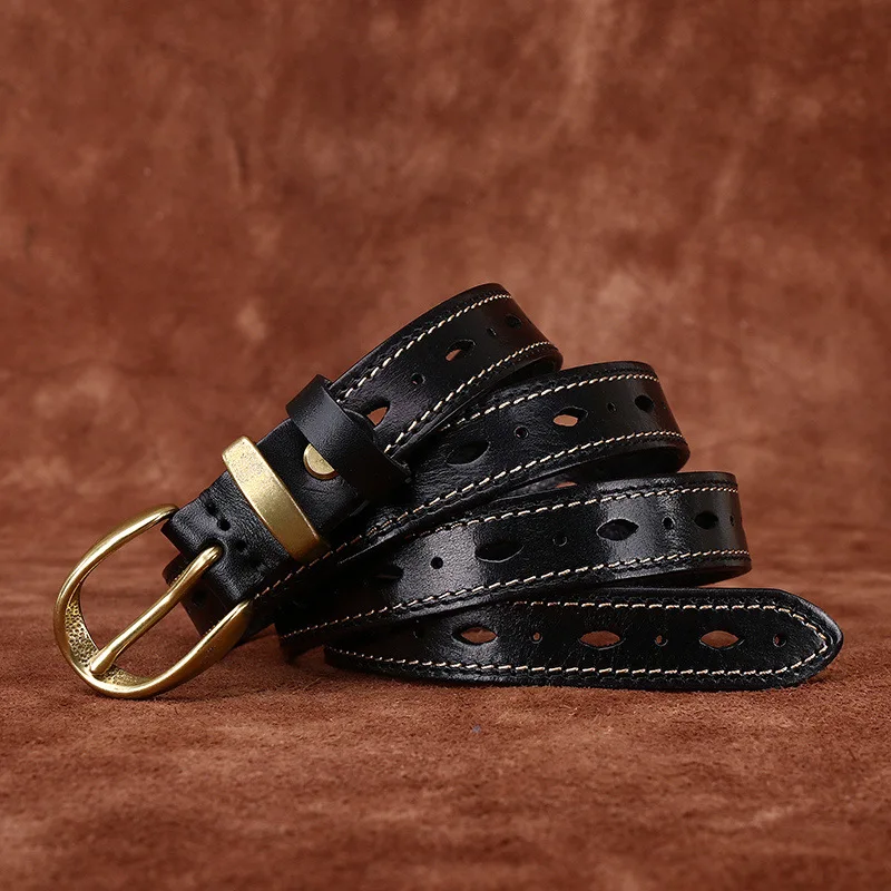 Retro Hollow Full-Hole Women's Belt Leather First-Layer Cowhide Denim Splicing Design Personalized Decorative Fashion Accessory