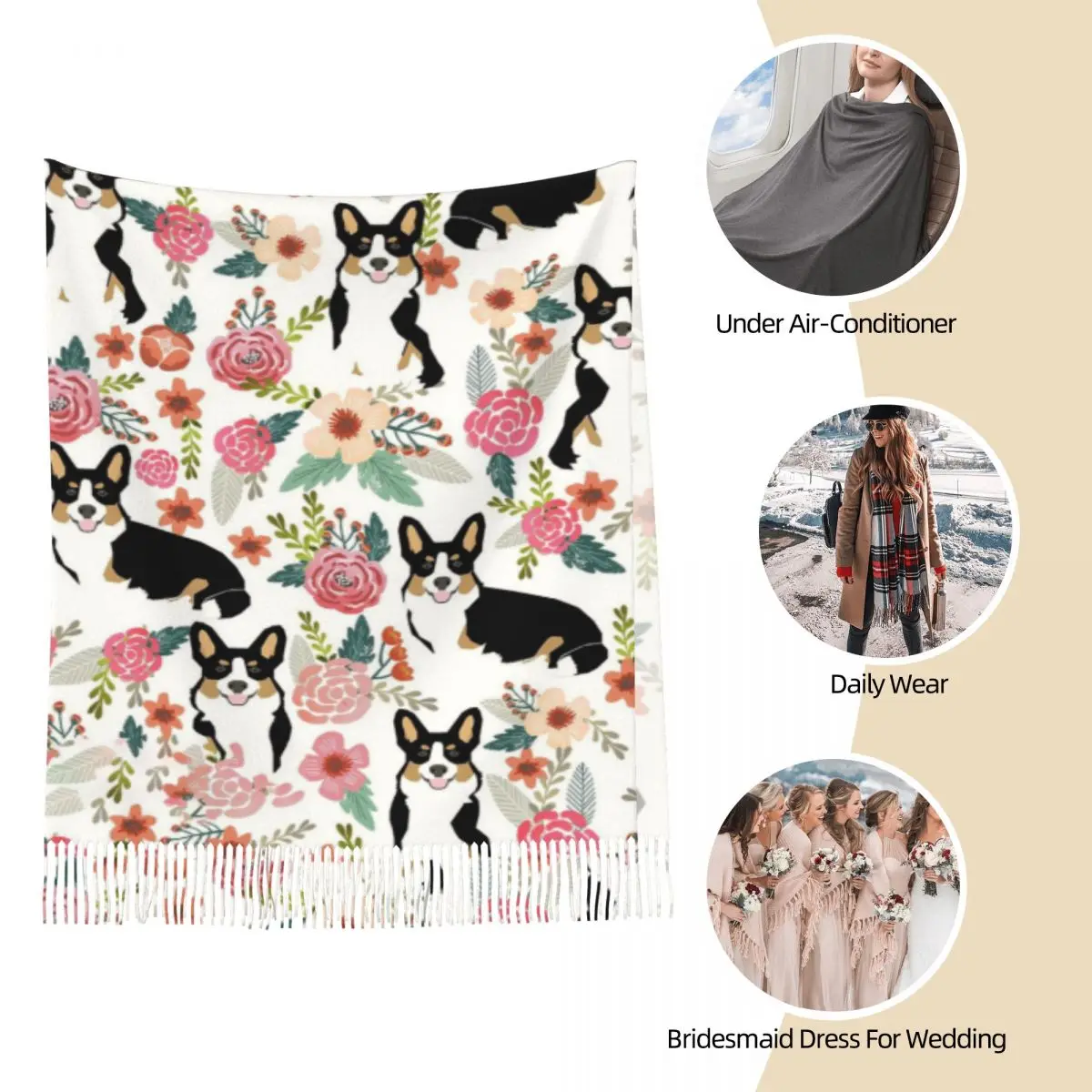 Écharpe en cachemire avec pompon pour femme, grand châle chaud, animal rond, cadeaux de dessin animé, amoureux des corgi, chien floral, hiver