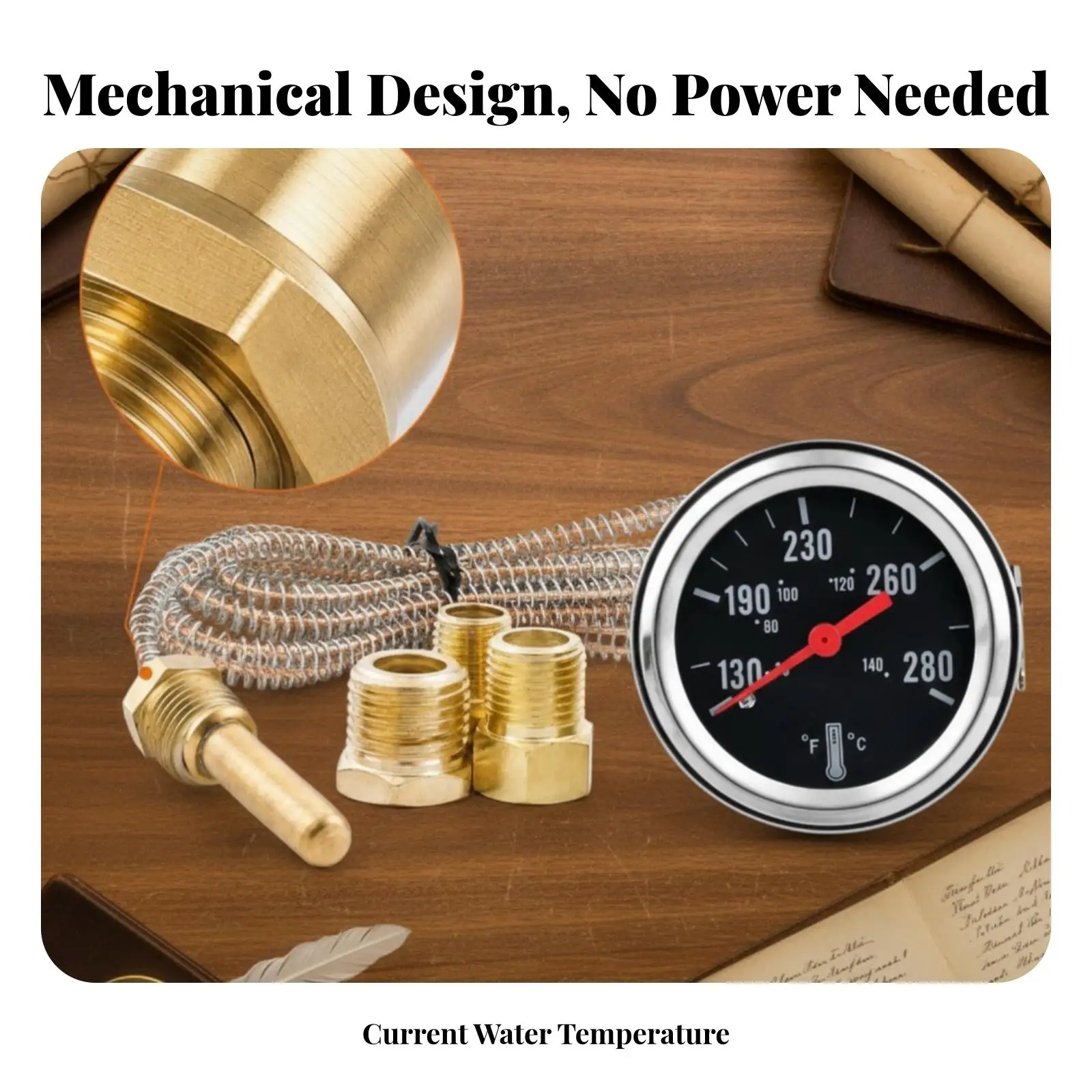 52mm Mechanical Temp Gauge for Car Engine Water Coolant Monitor with Capillary Tube Kit and Adapters for Dashboard Panel