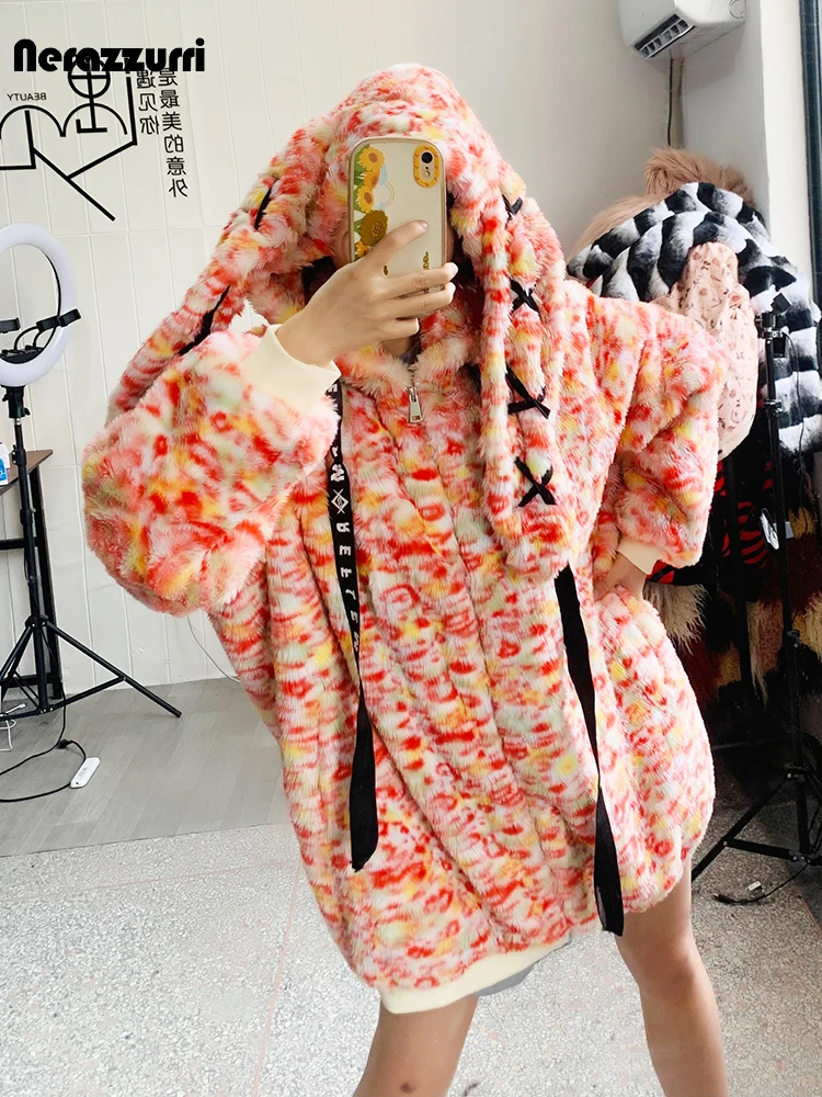 

Nerazzurri Winter Oversized Colorful Thick Warm Soft Faux Fur Hoodie with Bunny Ears Zipper Sweet Kawaii Cute Fluffy Jacket 2023