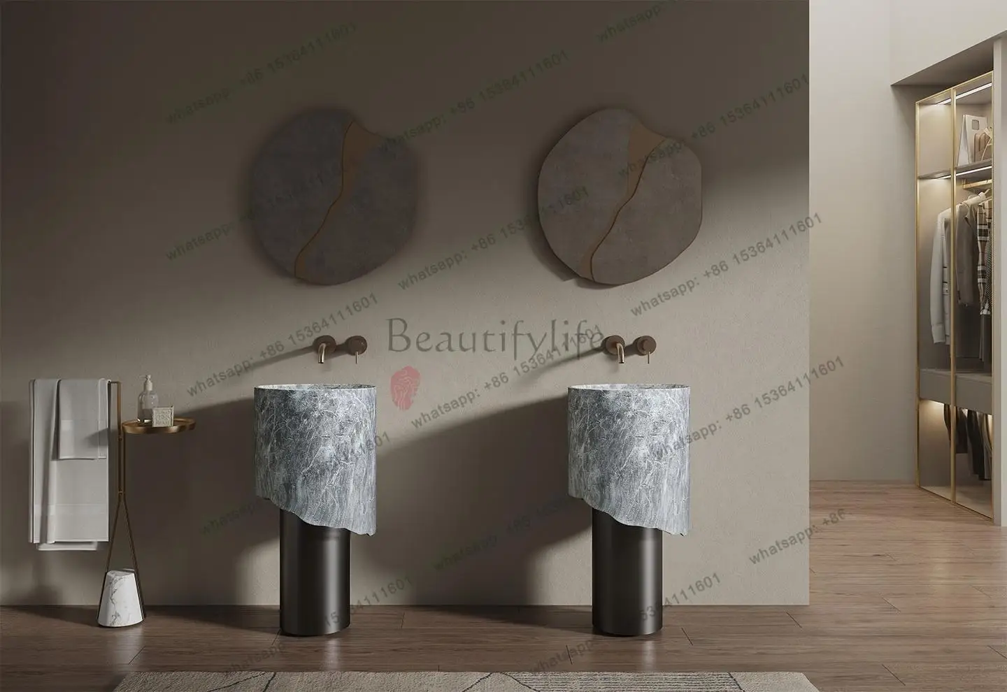 FG Modern Blue Round Pedestal Sink, Minimalist Freestanding Ceramic Washbasin for Bathroom Vanity, Customizable Lavatory Basin