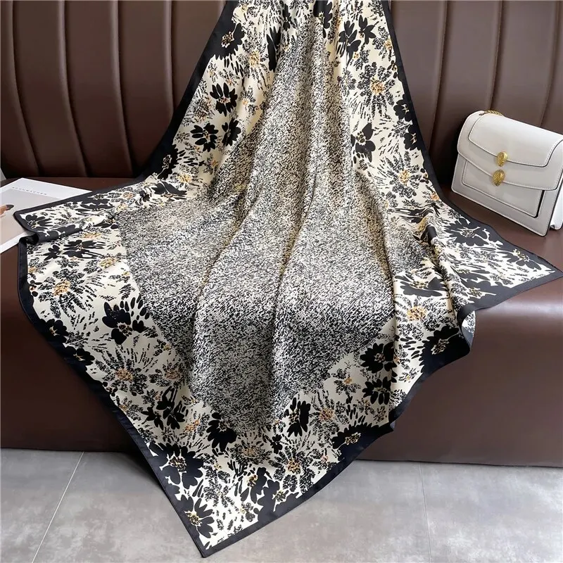 Print Twill Silk 90cm Square Scarf Women Luxury Floral Hair Neckerchief Shawl Wraps Bandanda Hijab Foulard Head Band Echarpe