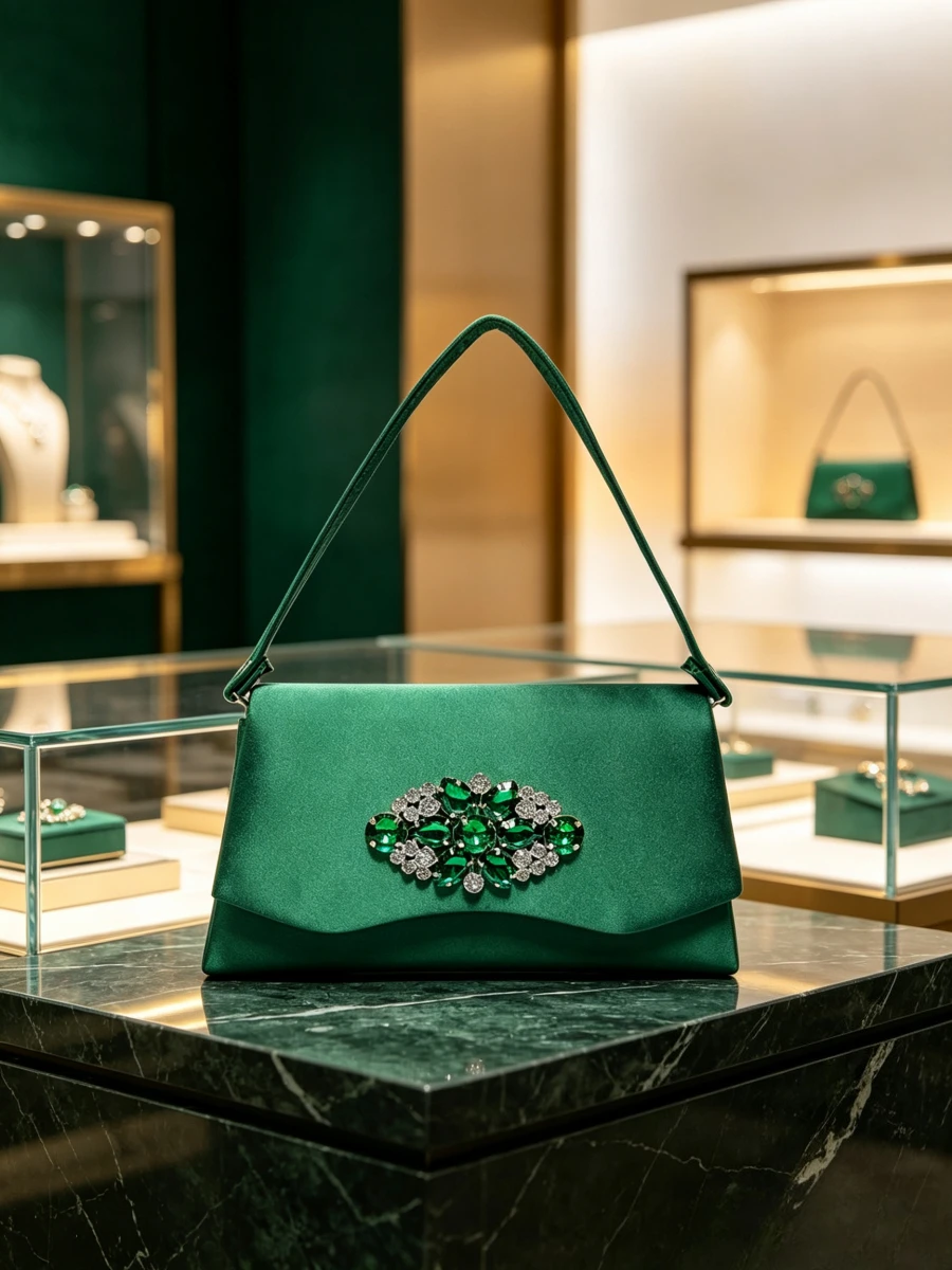 Emerald Green Satin Emerald Rhinestone Floral Thin Shoulder Strap Flap Clutch Luxury Vintage Evening Purse Mature Women Wedding