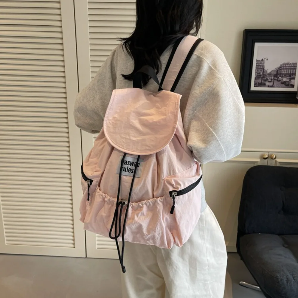 

Simple Solid Color Drawsting Backpacks Light Weight Nylon Ruched Shoulder Bags Large Capacity Casual Student Schoolbag Outdoor