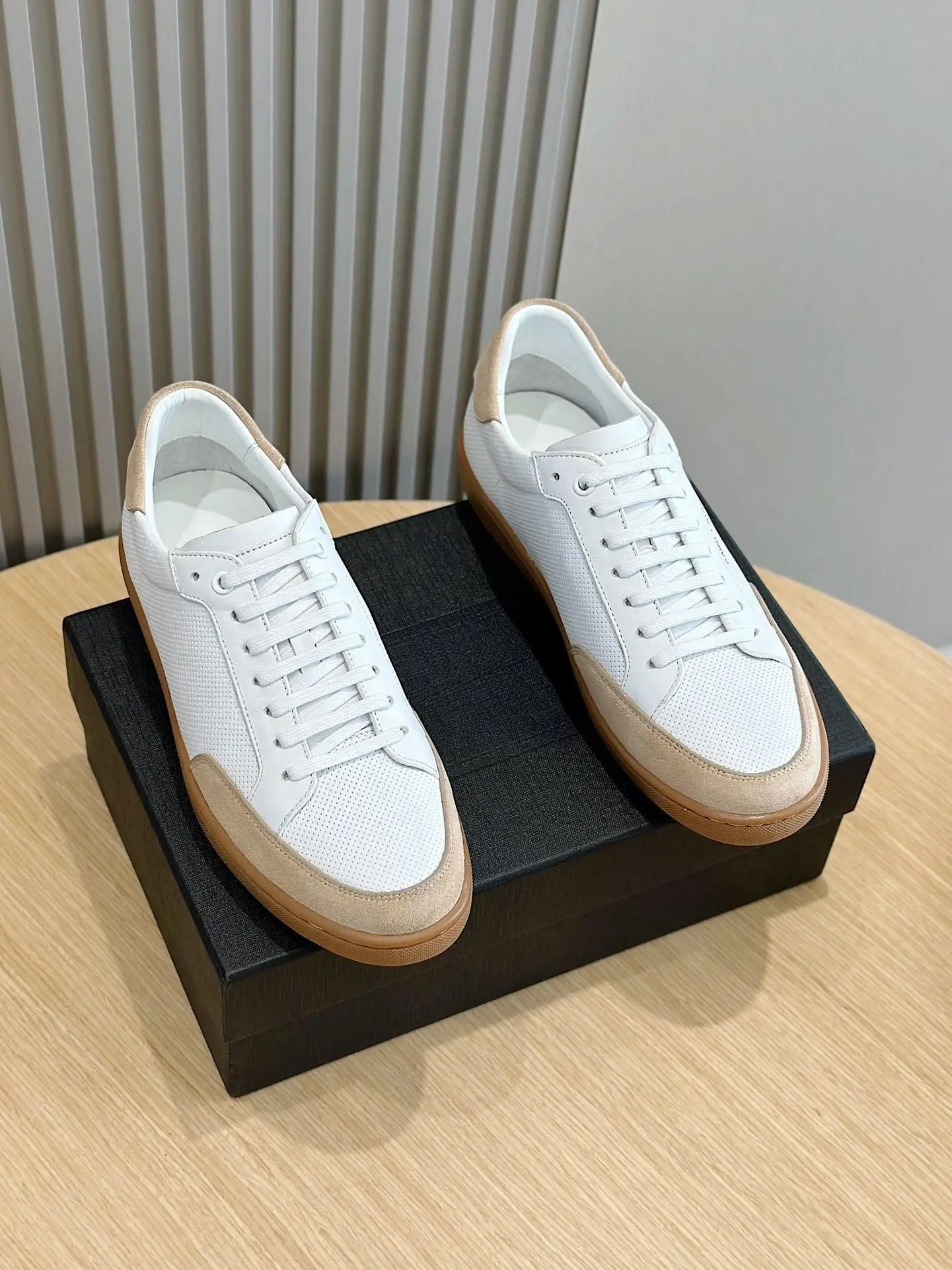 Unisex Low Top Casual Sneakers White Perforated Leather & Beige Suede Toe Cap Lace Up Gum Sole Walking Shoes