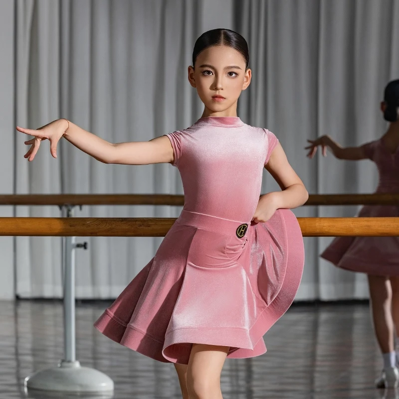 2025 New Latin Dance Competition Clothing For Girls Pink Velvet Long Sleeved Split Skirts Suit Chacha Rumba Latin Wear  DQS20014