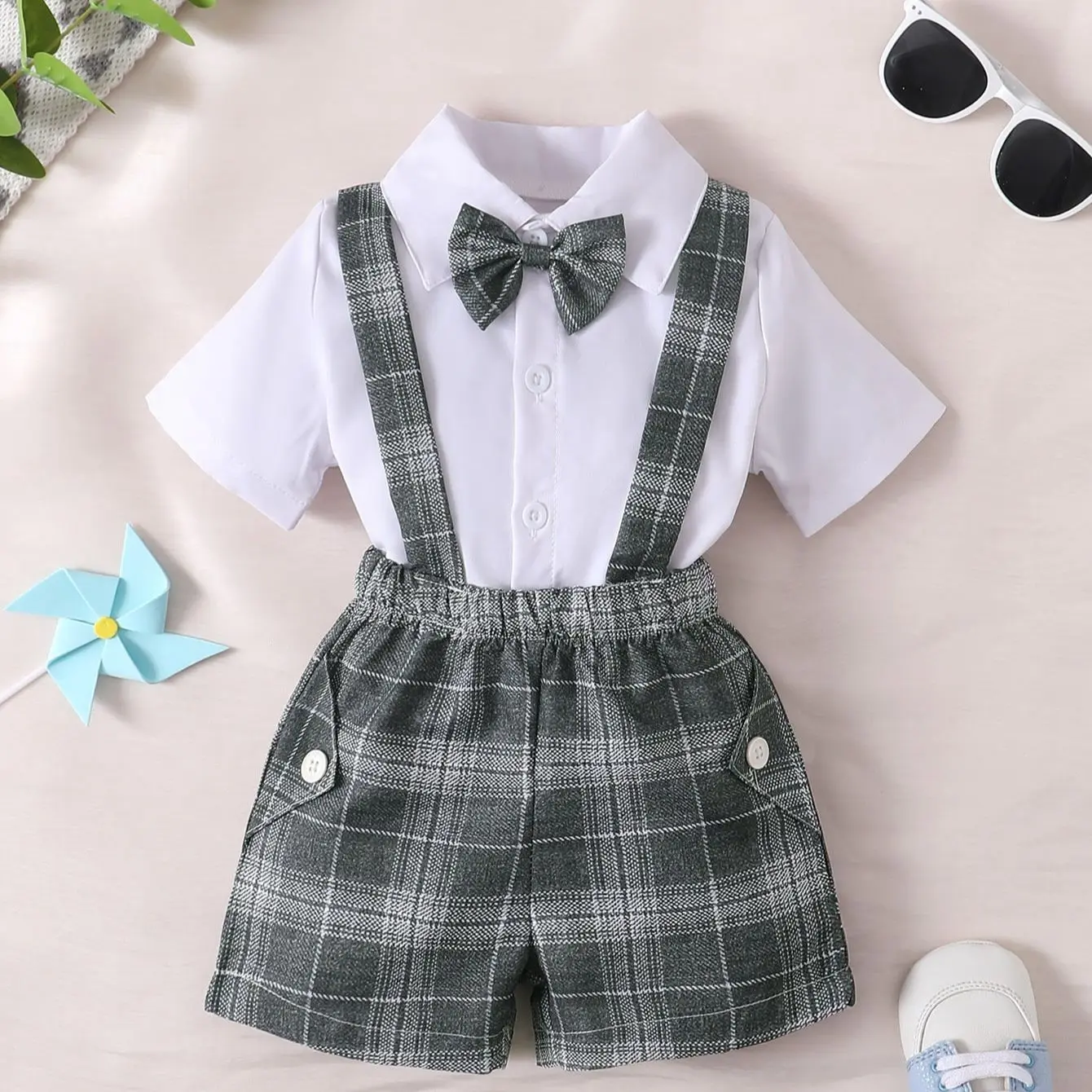 6-to 36-month-old newborn baby boys summer white lapel cardigan short-sleeved tie with plaid suspenders shorts gentleman suit