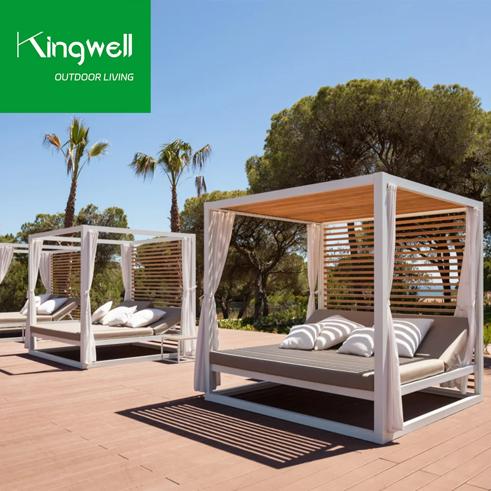 Outdoor Furniture All Weather Aluminum Patio Sunbeds Hotel Beach Teak Wood Waterproof Sun Lounger Daybed with Canopy for Beach