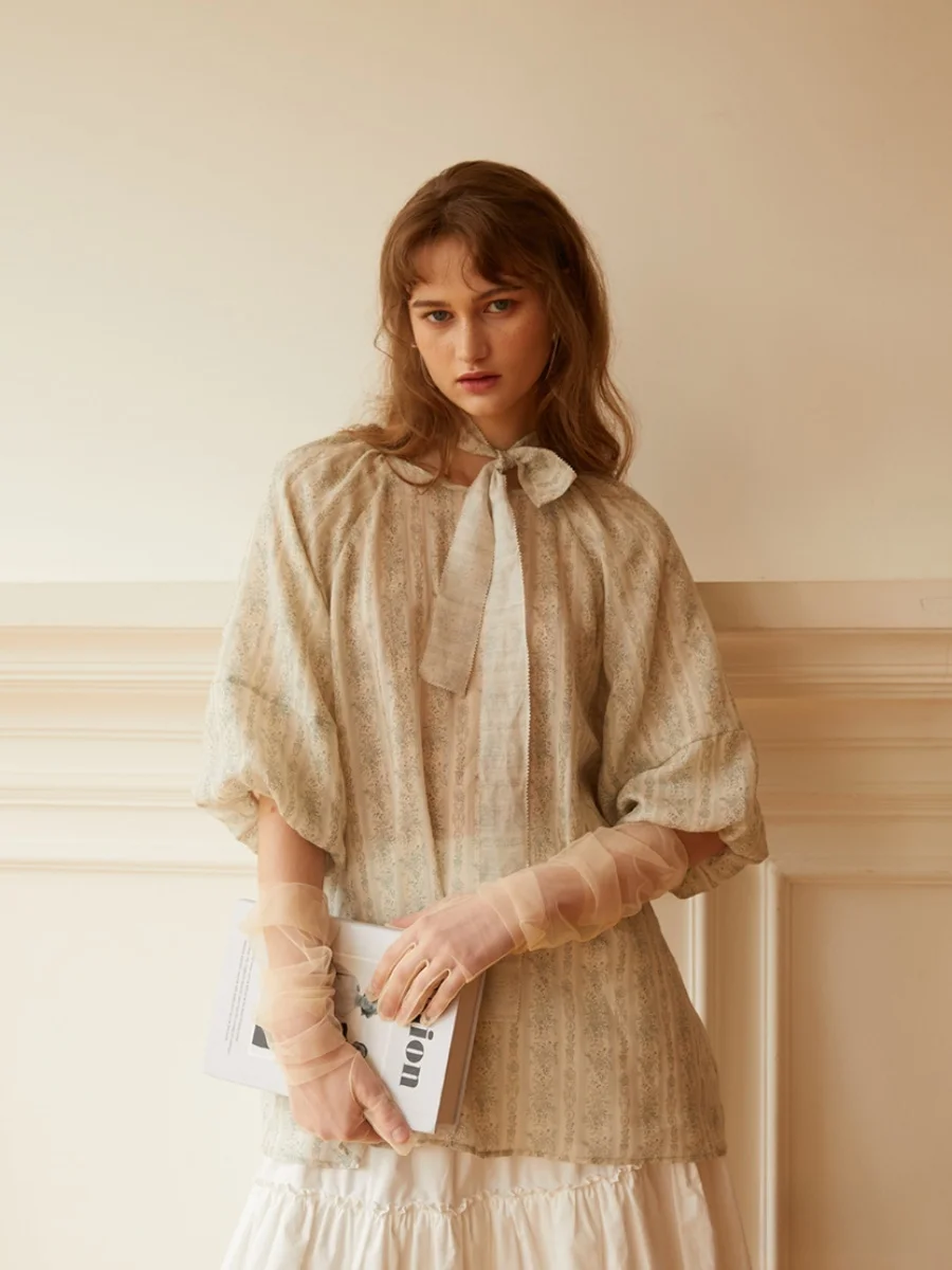 

Nuages Froufrou Fre een Linen Top Ele Floral Print Loose Fit Bubble Sve Ultra Thin Ultra Breathable Women's irt