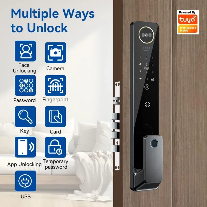 TUYA Smart Password Door Lock Fingerprint Face Recognition Remote Control Peephole Camera Home Security for Wooden Door