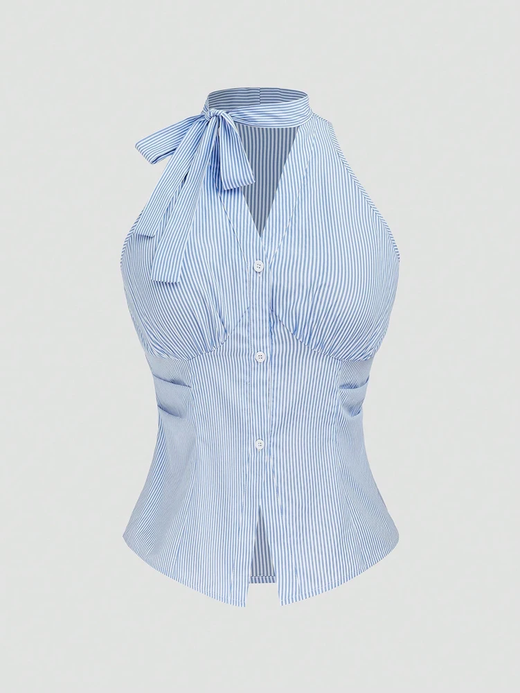 Women's Plus Size Scholar Style Teenage Casual Sleeveless Bow High Waist Slim Fit Striped Top Asymmetrical/Irregular Backless