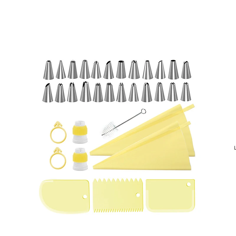 Lmetjma 34pcs Spritz beutel und Spitzen Set 24 Edelstahls pitzen 2 wieder verwendbare Silikon-Spritz beutel 3 glatter glatter 1 Rohr bürste